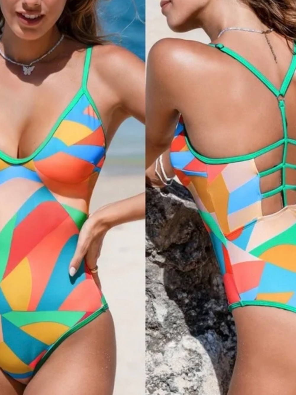 Cupshe Multi Color Geometric Strappy One Piece Swimsuit, Size L